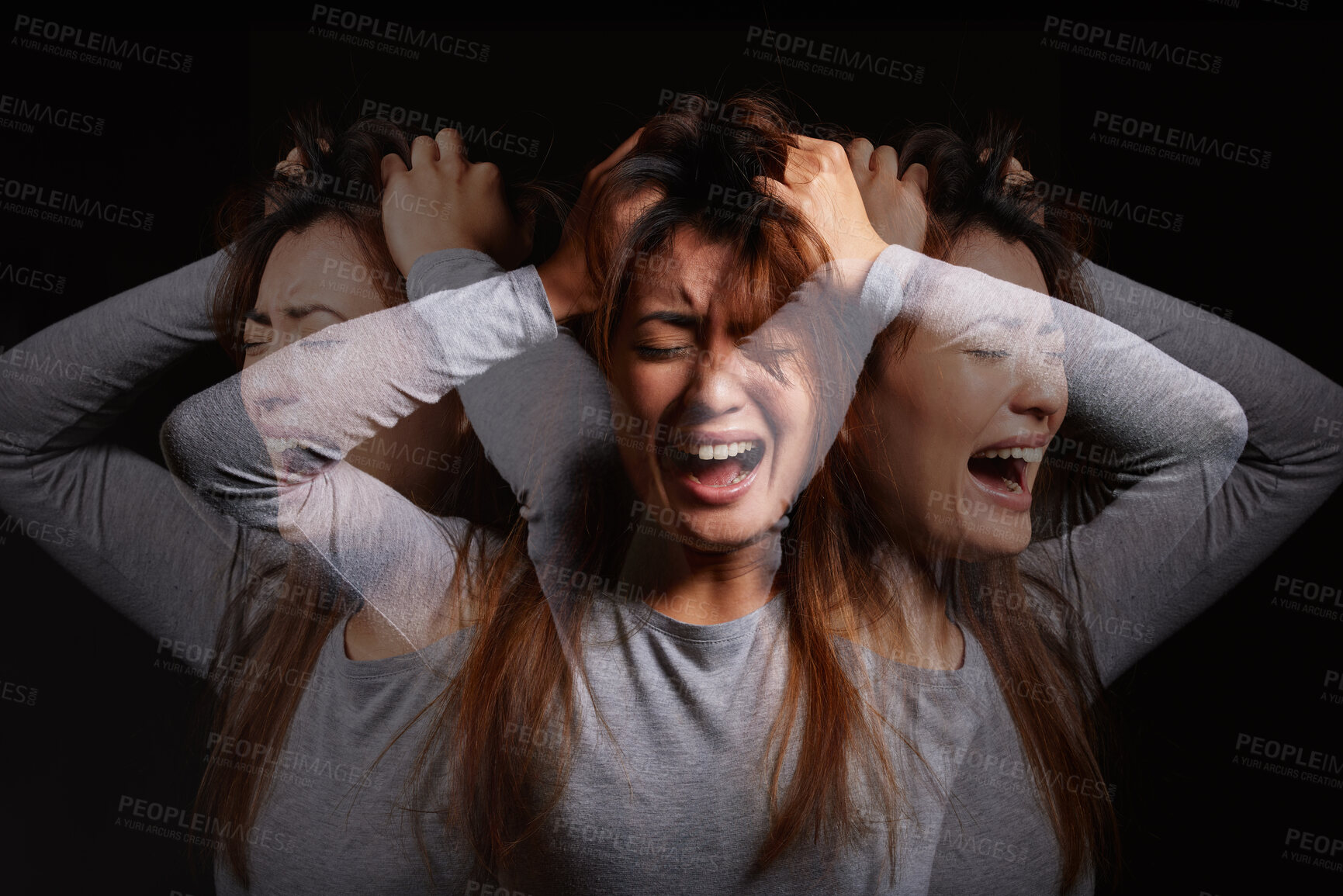 Buy stock photo Woman, screaming and panic with fear for abuse, mental illness or disorder in studio on a black background. Female person, psychosis or paranoid model in frustration with anxiety, bipolar or stress