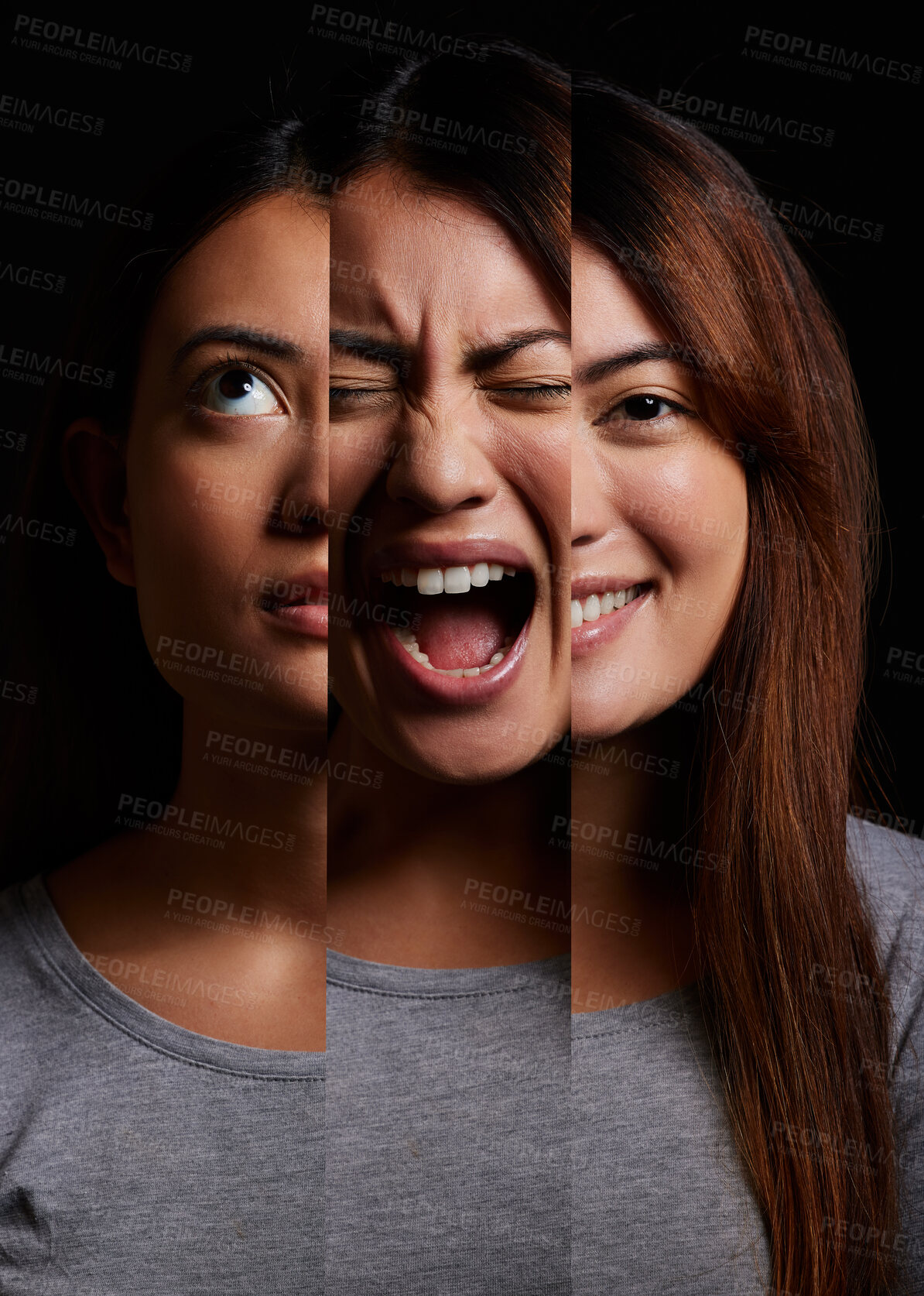 Buy stock photo Woman, bipolar and face with split personality for mental illness or disorder in studio on a black background. Female person, psychosis or paranoid model with mixed feelings, expressions or emotions