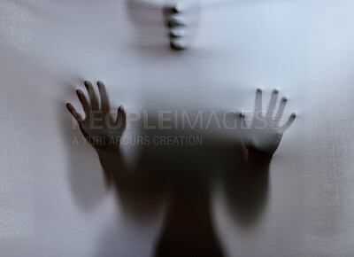 Buy stock photo Shot of a scary figure confined under a sheet