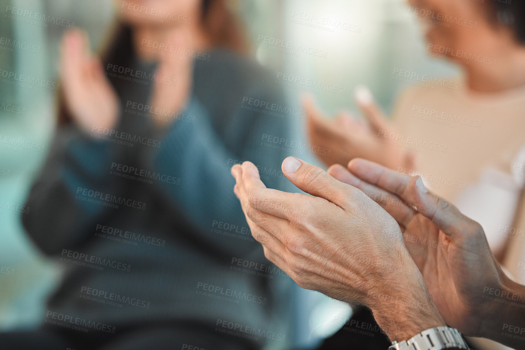 Buy stock photo Hands, group and applause for counseling, therapy and mental health with support, empathy and listening. People, clapping and communication for help, anxiety and depression with psychology or healing