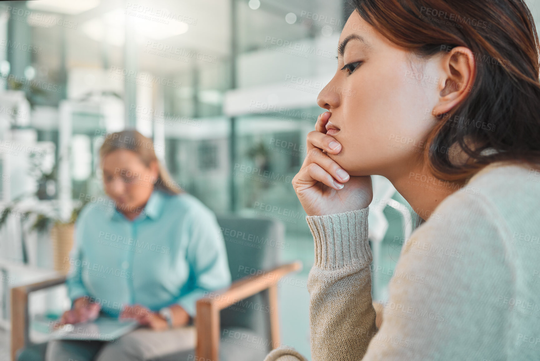 Buy stock photo Thinking, therapist and woman on sofa for counseling, professional support or consultation for stress. Mental health, reflection and psychologist with tablet, medical advice and patient in office