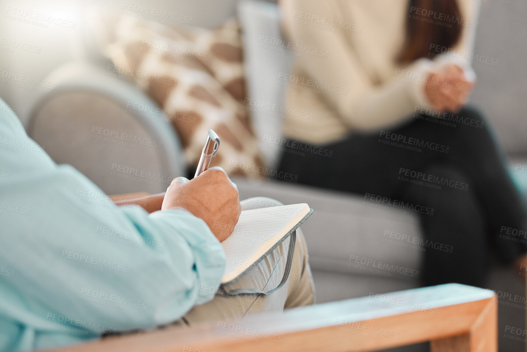 Buy stock photo Sofa, person and therapist with notebook for consultation, writing notes and support client for mental health. Therapy, patient and psychologist with review for counseling, listen and help in session