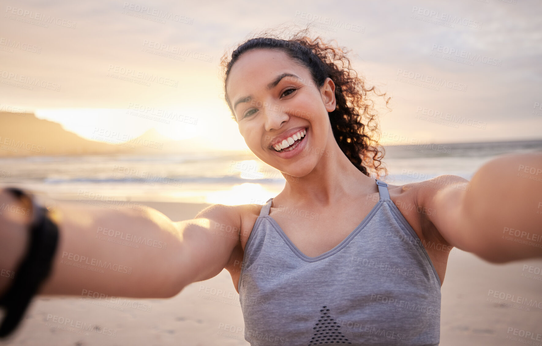 Buy stock photo Happy woman, portrait and fitness with selfie for beach sunset, workout or outdoor training. Young, female person or runner with smile for photography, memory or picture after exercise by ocean coast