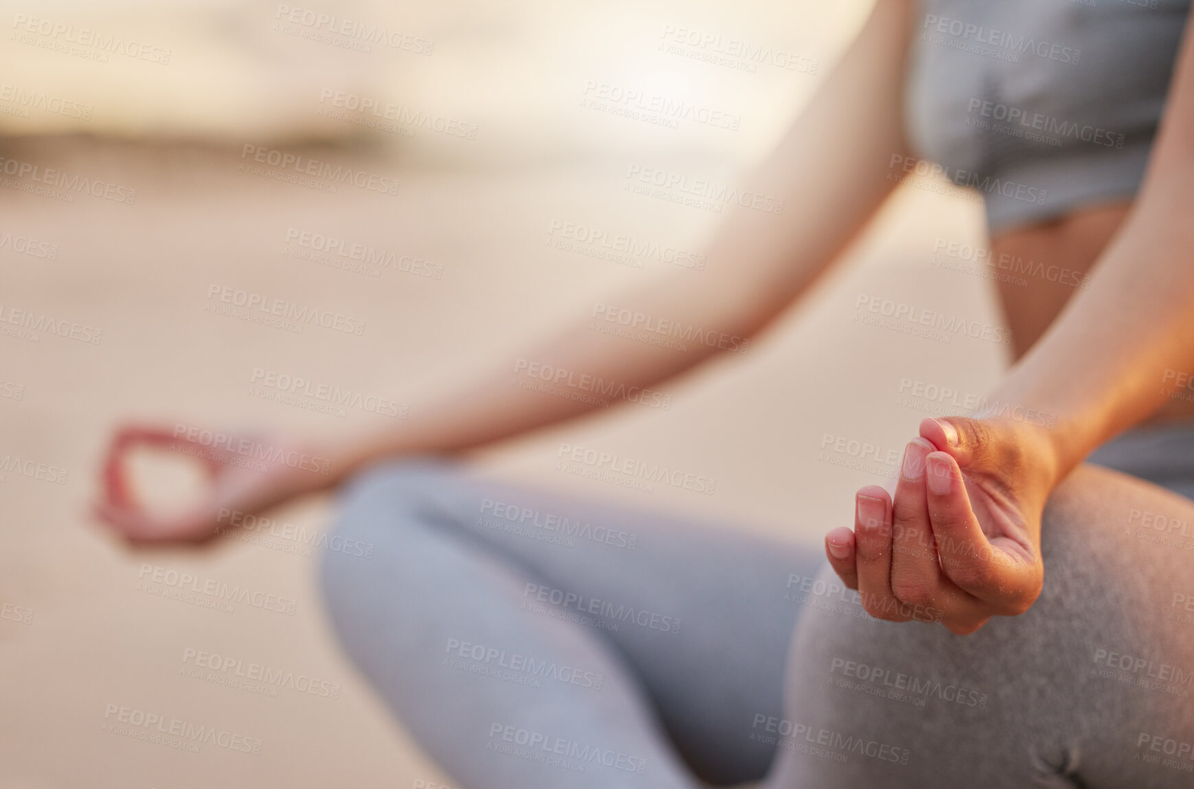 Buy stock photo Woman, hands and beach with meditation for yoga, awareness or spiritual wellness in nature. Closeup, female person or yogi in lotus pose for inner peace, zen or health and fitness on ocean coast