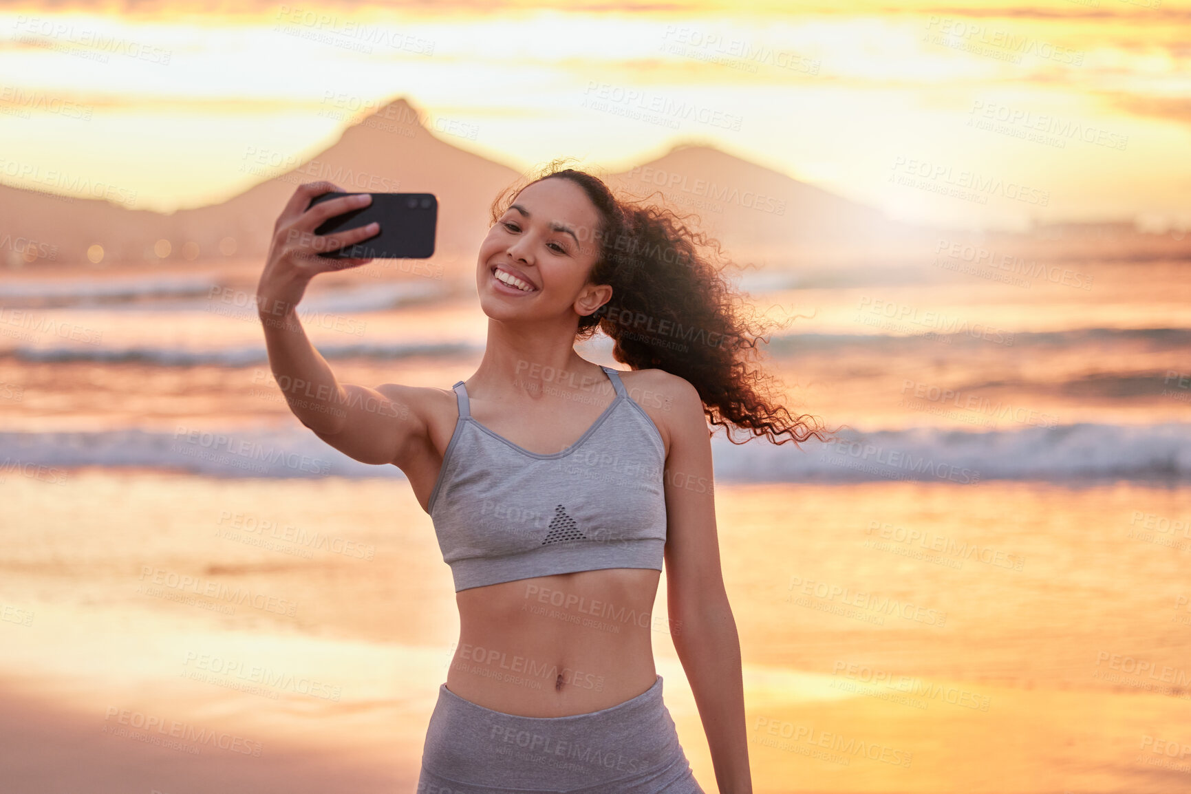 Buy stock photo Woman, beach and selfie with fitness, sunset and smile for memory, nature and post on social media. Girl, person or influencer with live streaming for exercise, training or workout on web in Colombia