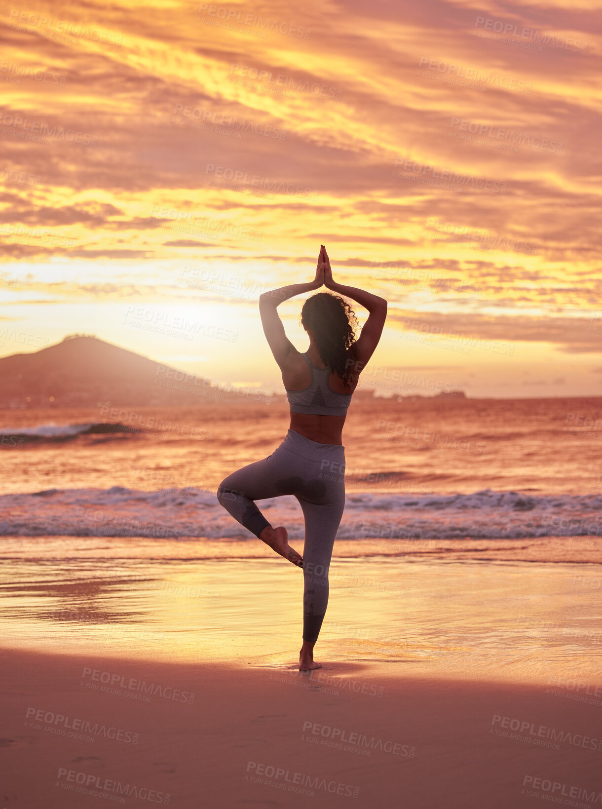 Buy stock photo Woman, back and yoga with beach sunset for meditation, fitness or awareness in nature. Young, female person or yogi with namaste in exercise for balance, zen or spiritual wellness by ocean coast