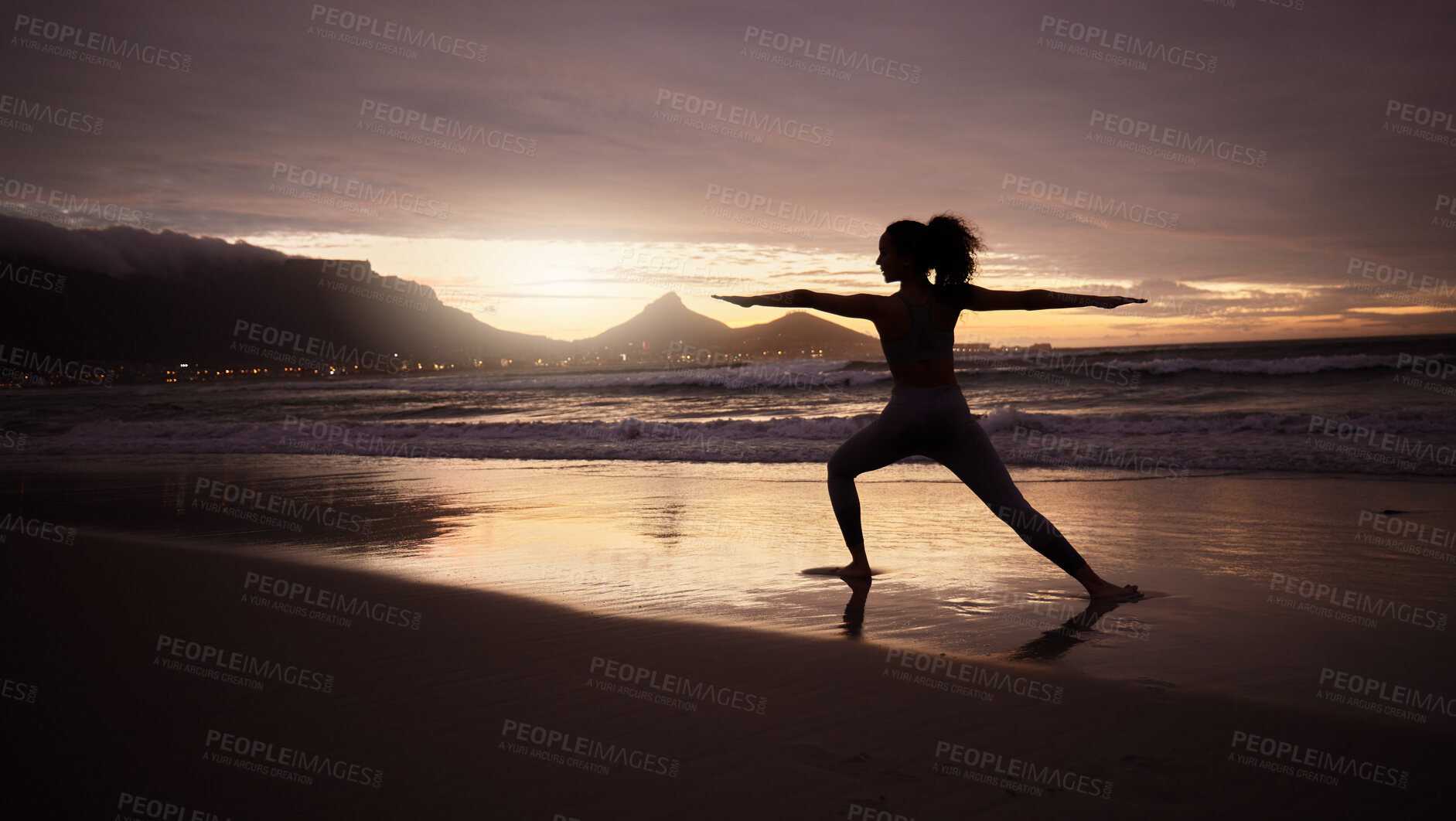 Buy stock photo Woman, yoga and silhouette at beach for warrior pose at sunset with balance, peace and nature. Girl, person and outdoor for stretching by sea for meditation, mindfulness or health at dusk in Colombia