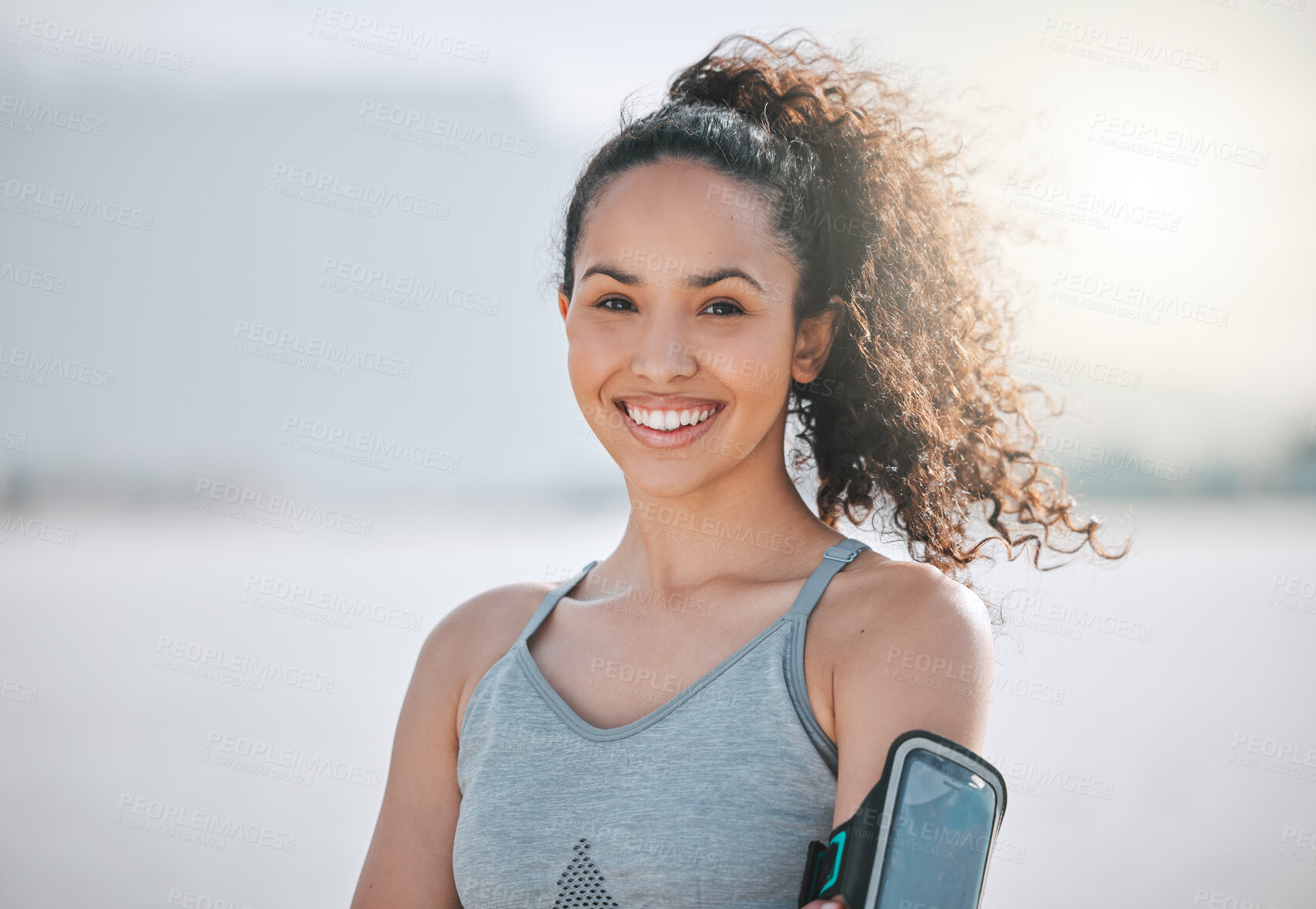 Buy stock photo Happy, fitness and portrait of woman on beach for exercise, marathon training and cardio workout. Sports, athlete and person in nature for performance, endurance and running for wellness or health