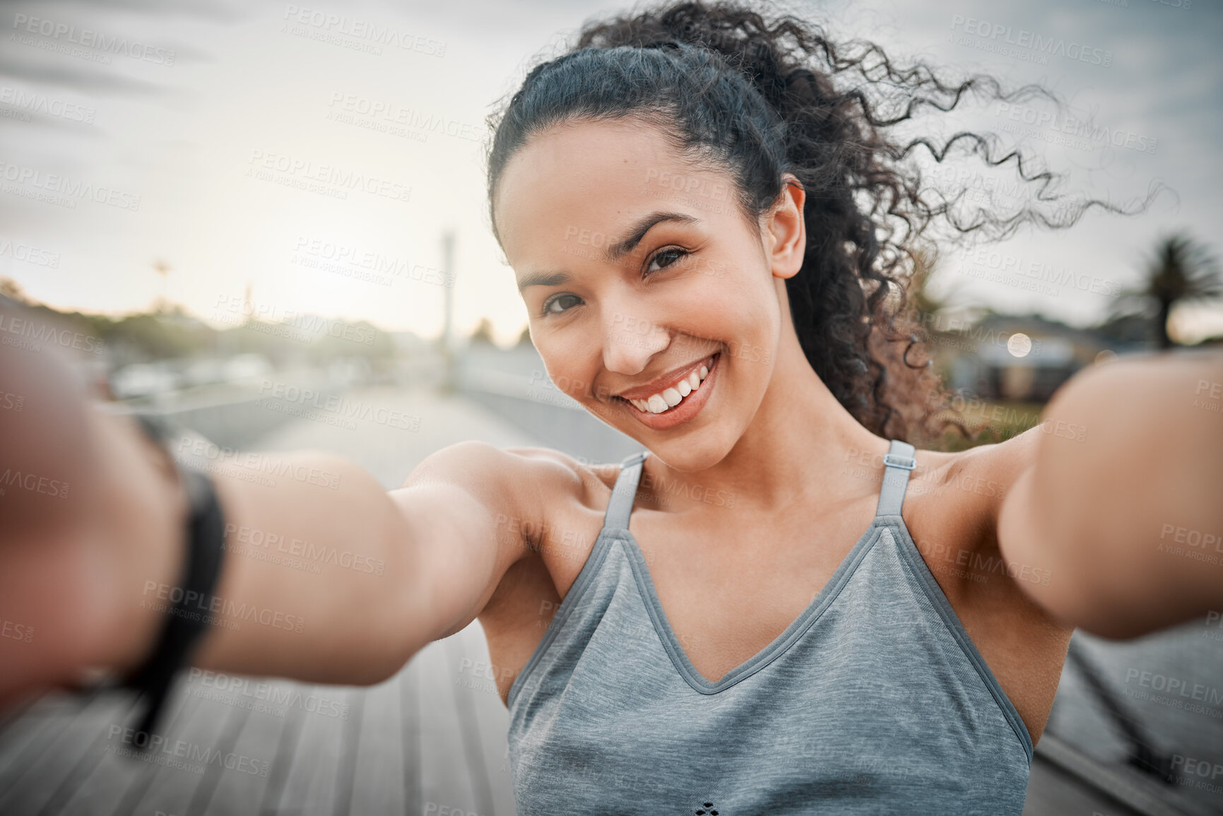 Buy stock photo Portrait, fitness and selfie of happy woman outdoor for exercise, health or workout photo. Face, smile and picture of runner for sports vlog, live streaming or pov of influencer on bridge in Mexico