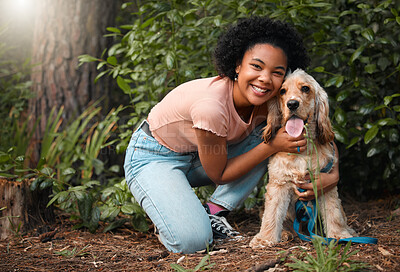 Buy stock photo Woman, cocker spaniel puppy and portrait in park with smile, hug and care on ground in summer. Girl, dog mom and embrace with pet, animal and connection with love on path with sunshine in Brazil