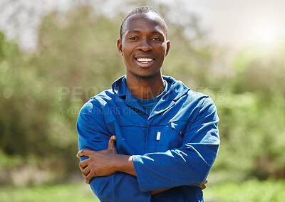 Buy stock photo Portrait, farmer and black man with arms crossed in countryside for agriculture, agro business and employee outdoor. Sustainability, happy confident person and smile with nature, ecology and worker