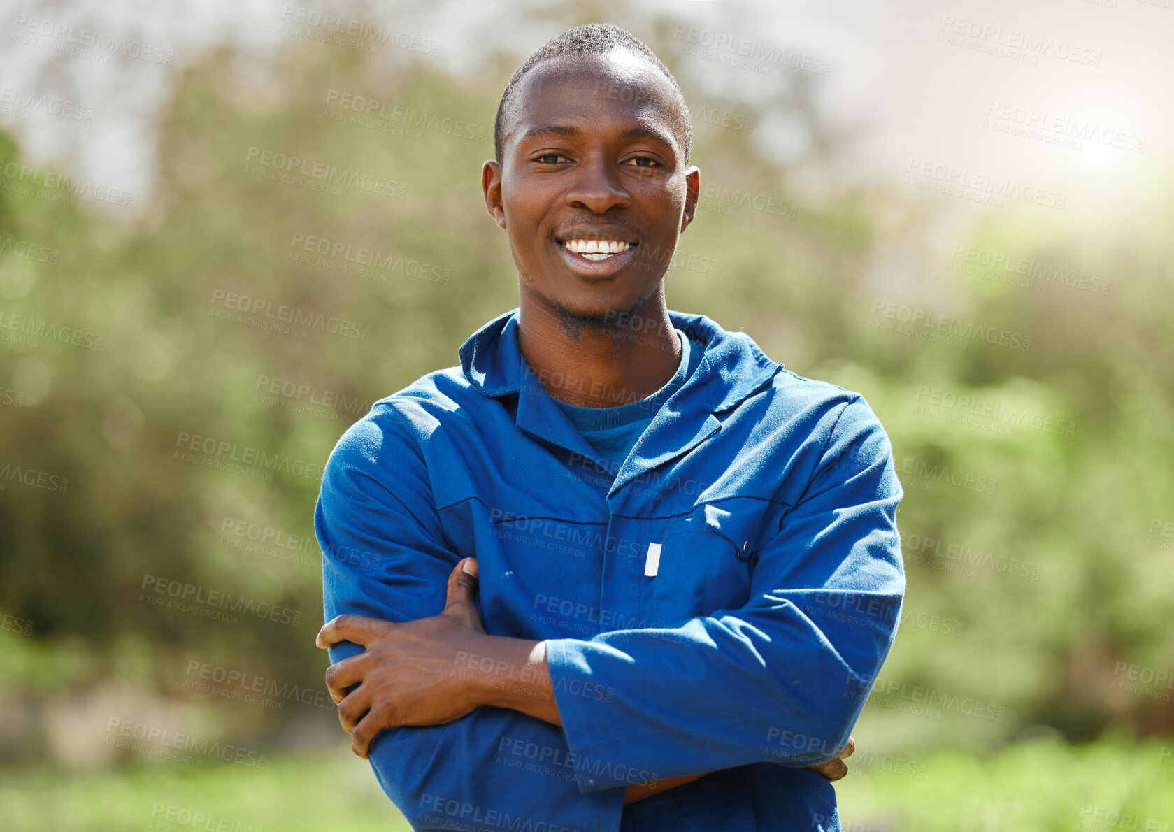 Buy stock photo Portrait, farmer and black man with arms crossed in countryside for agriculture, agro business and employee outdoor. Sustainability, happy confident person and smile with nature, ecology and worker