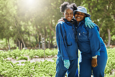 Buy stock photo Portrait, farmers and happy black women with hug in countryside for agriculture, agro business and employee outdoor. Sustainability, confident people and smile with nature, ecology and workers