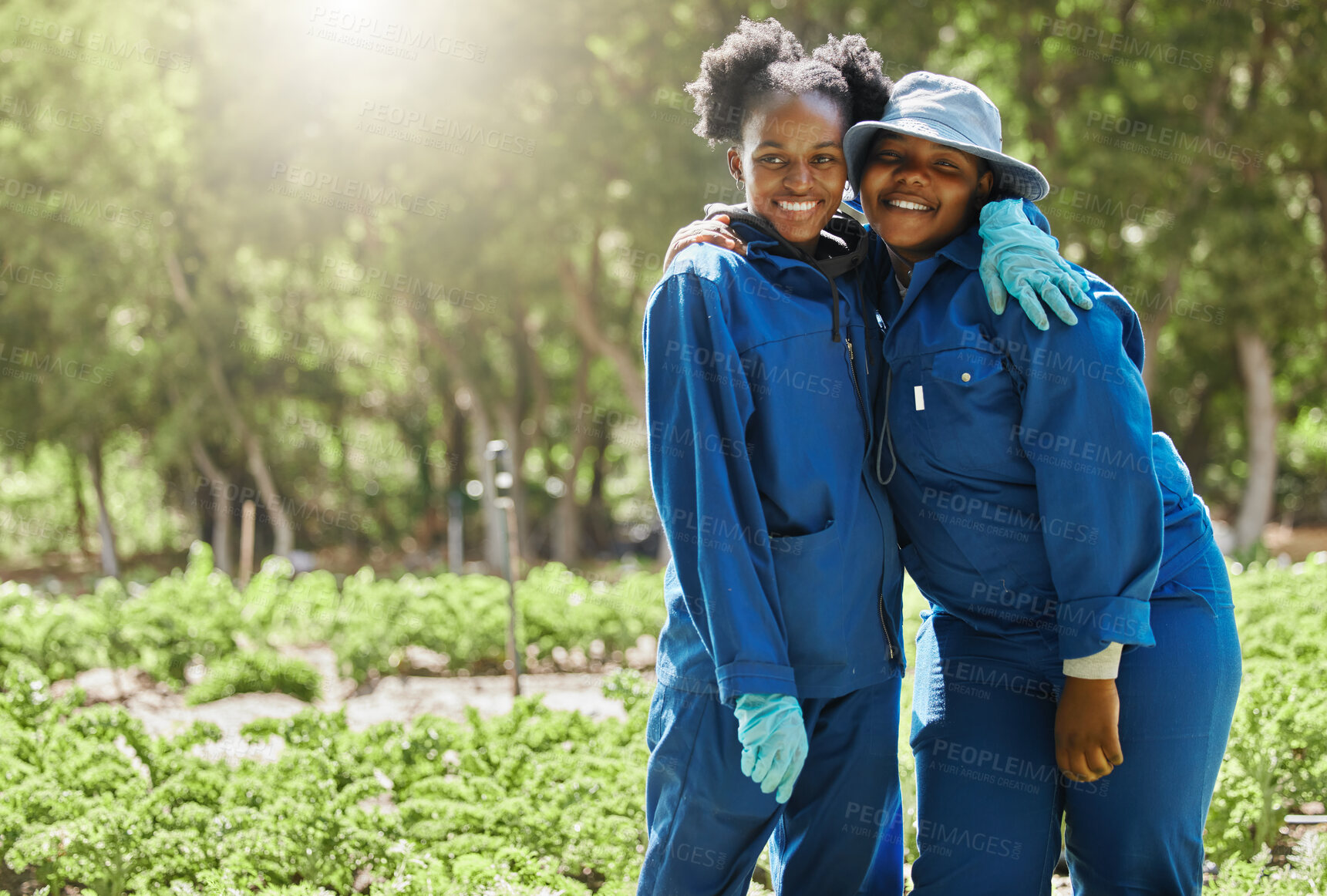 Buy stock photo Portrait, farmers and happy black women with hug in countryside for agriculture, agro business and employee outdoor. Sustainability, confident people and smile with nature, ecology and workers