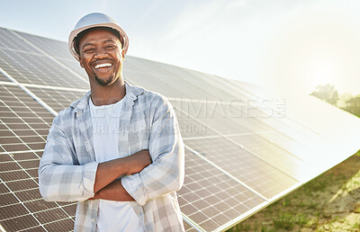Buy stock photo Man, engineer and solar panel on a farm for renewable energy, sustainability and eco environment. Portrait of a black male electrician happy about innovation, photovoltaic system and maintenance