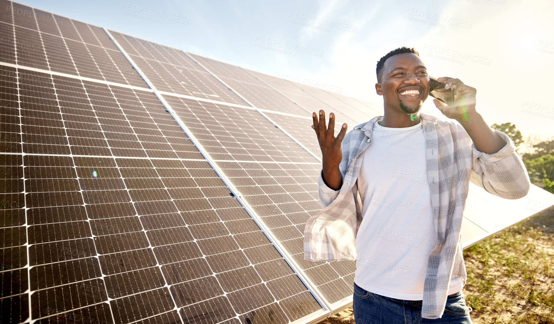 Buy stock photo African man, solar panel and renewable energy with phone call in sustainable clean power. Farmer, alternative generator and carbon neutral technology in conservation, environment or green electricity