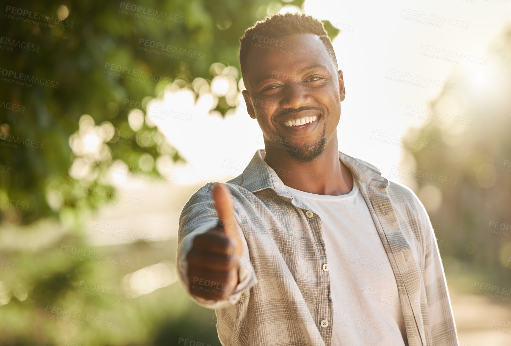 Buy stock photo Black man, thumbs up and portrait in nature for yes, approval and good job on farm. Farmer, happy and vote emoji in agriculture for sustainable business, agreement and thank you for support in Kenya