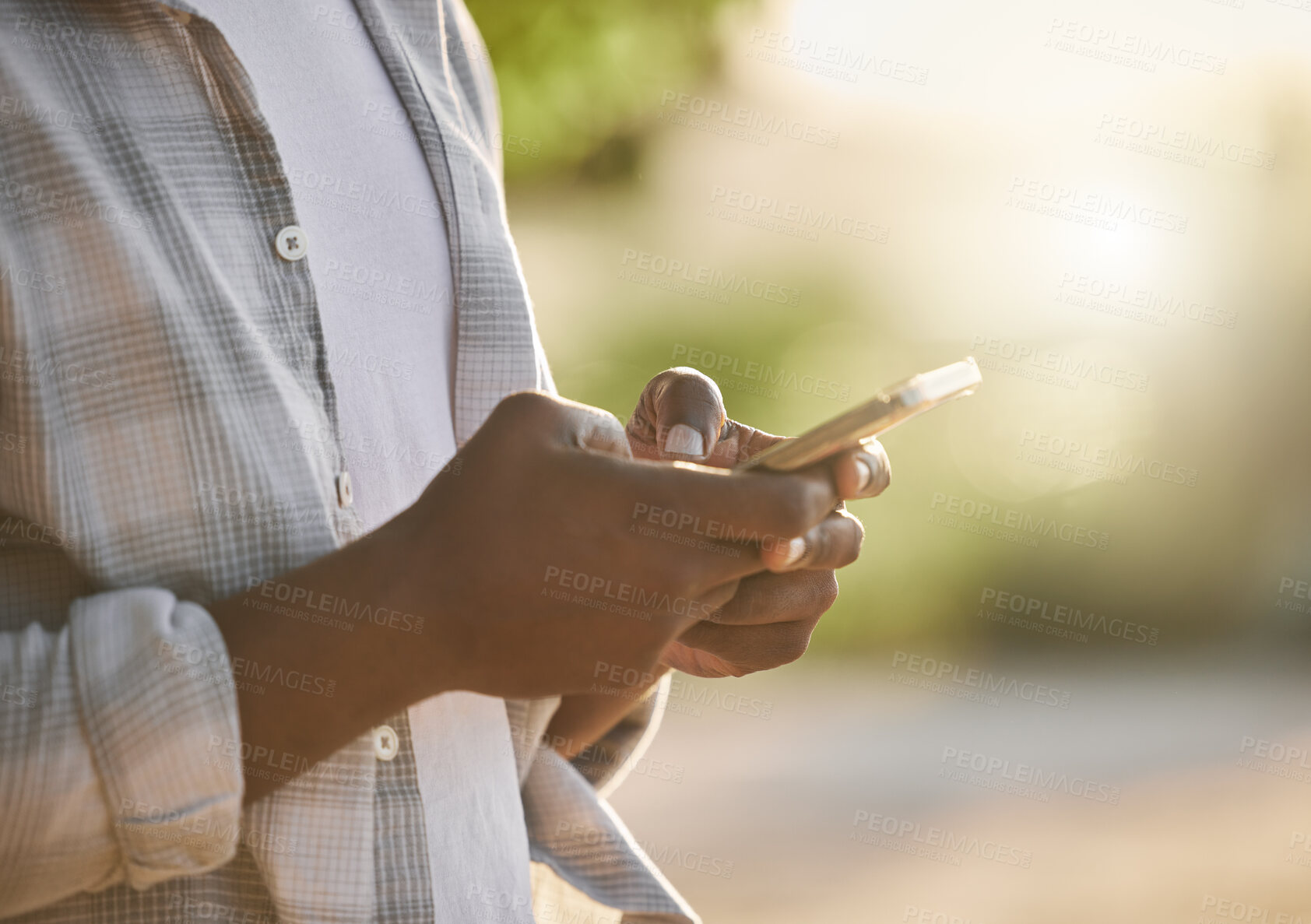 Buy stock photo Man, hand and phone for outdoor farmer, contact supplier and online for agriculture maintenance tips. Male person, fingers and plan for production of plants, nature and website for carbon footprint