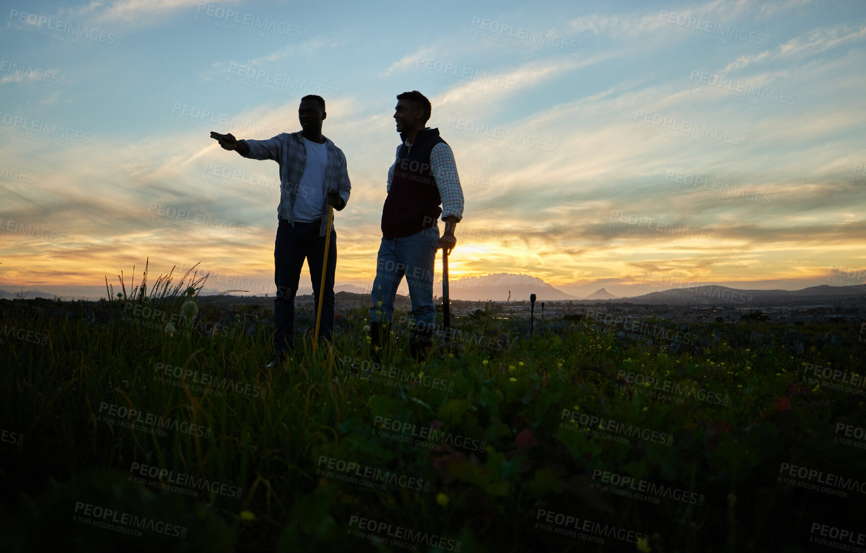 Buy stock photo Farmer, men and collaboration on farm for agriculture, sustainability and eco friendly production. Silhouette, pointing and sunset outdoor for partnership, b2b and supply chain with quality control