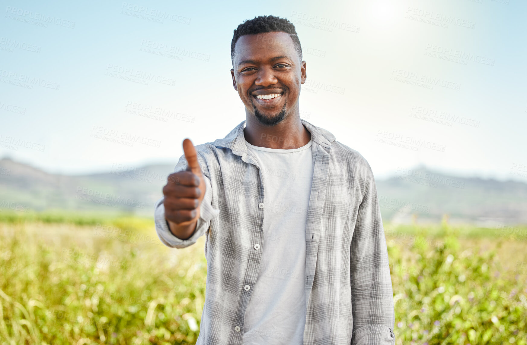 Buy stock photo Black man, portrait and farmer in field for thumbs up, sustainability and farming agreement. Growth, happy face or hand gesture for support, agriculture and eco friendly environment with approval