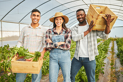 Buy stock photo Cropped shot of three young people working on a farm