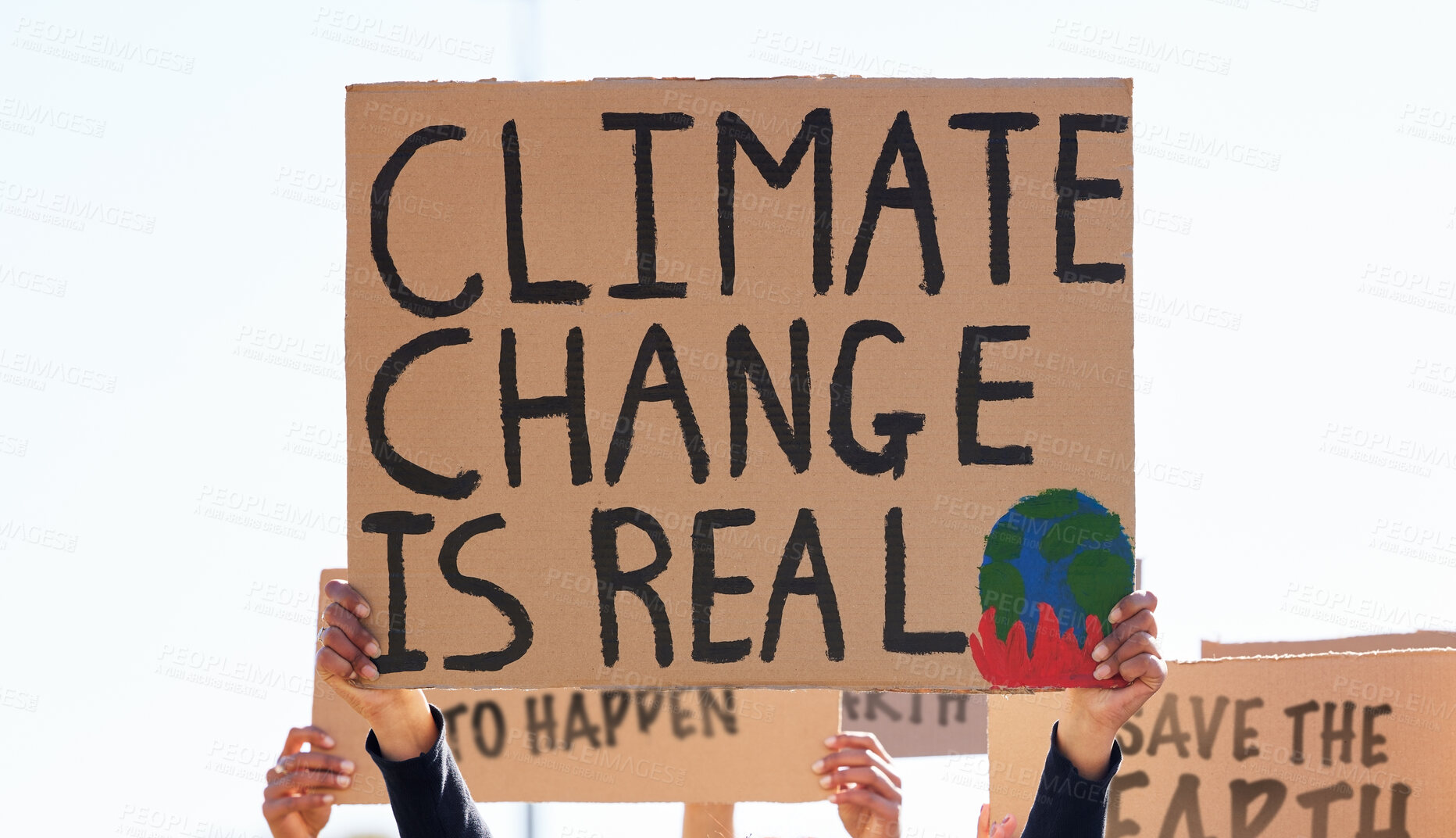 Buy stock photo Protest, climate change and sign with a group of people outdoor at a rally or march for conservation. Global warming, freedom and environmental with a crowd walking together during a community strike