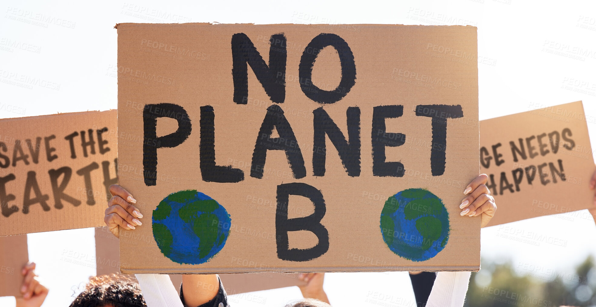 Buy stock photo Protest, global warming and poster with a group of people outdoor at a rally or march for conservation. Climate change, freedom and environment with a crowd walking together during a community strike