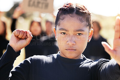 Buy stock photo Protest, portrait and girl in city with justice for climate change, earth day or global warming. Selfie, activism and female person at march to stop pollution with political rally in town in Chile.