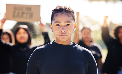 Buy stock photo Protest, portrait and woman for climate change, global warming or rally in park. Nature, demonstration and female person with group for call to action, pollution crisis or protect environment