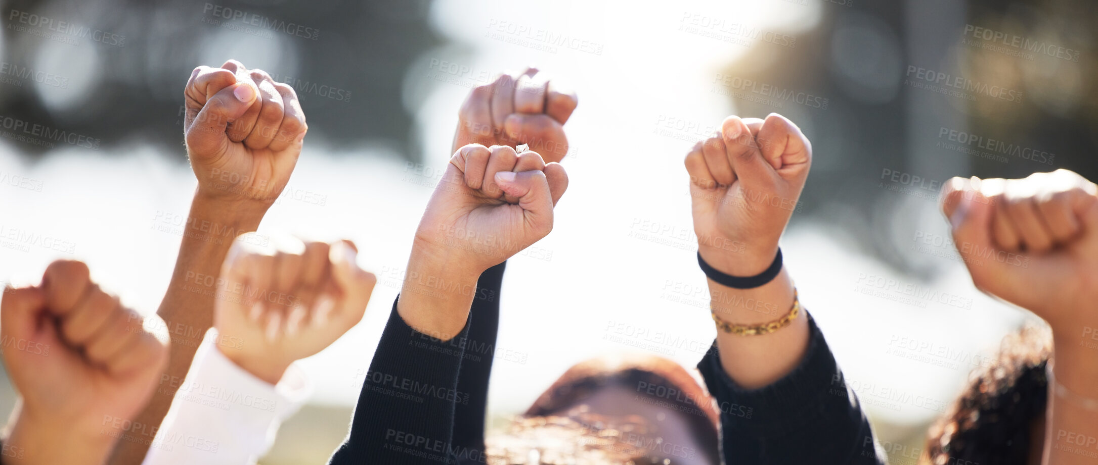 Buy stock photo Closeup, group and protest with solidarity, hands and support for human rights, equality or freedom. Zoom, community or protesters with teamwork, activism or union with empowerment, outdoor and crowd