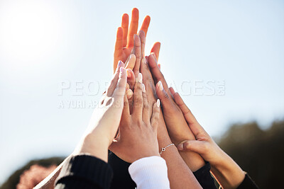 Buy stock photo Hand together, solidarity and synergy with unity as university students or colleagues for movement. Group of people, diversity and community for empowerment and collaboration with teamwork or union