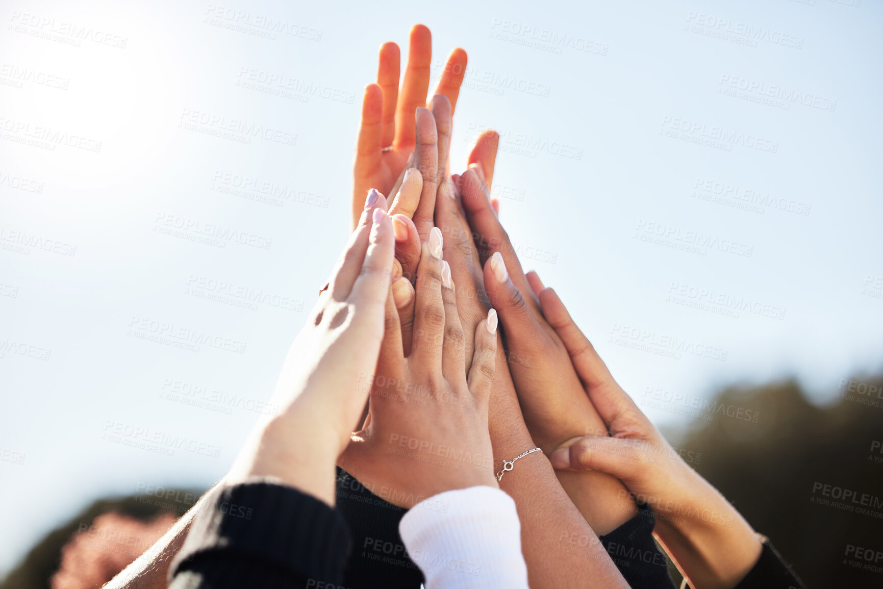 Buy stock photo Hand together, solidarity and synergy with unity as university students or colleagues for movement. Group of people, diversity and community for empowerment and collaboration with teamwork or union