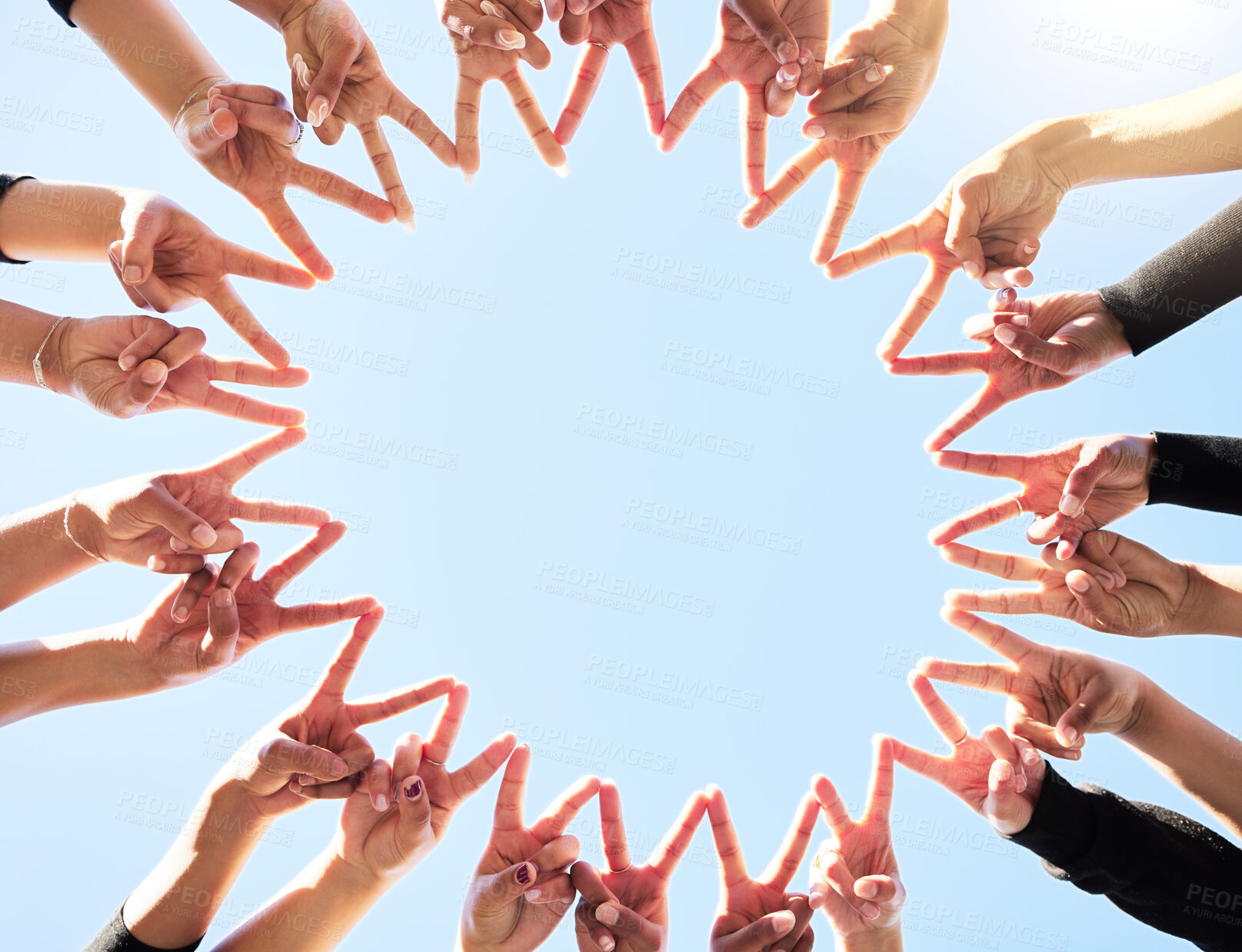 Buy stock photo Hands, star and people in protest for peace sign at rally for government law, politics or freedom in Palestine. Human rights, below or fighting global revolution for hope, world change or society