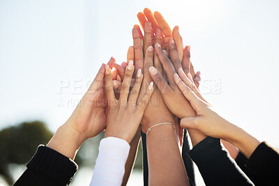 Buy stock photo Hand together, solidarity and diversity with unity as university students or colleagues for movement. Group of people, synergy and community for empowerment and collaboration with teamwork or union