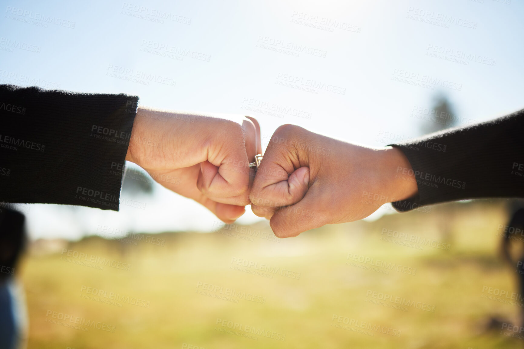 Buy stock photo Hands, fist bump and people in protest for support for justice, human rights or democracy for society. Rally, closeup or united gesture for peace, change or power for community activism or revolution