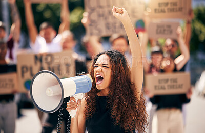 Buy stock photo Woman, megaphone and shouting with protest crowd, change or environment justice in city. Bullhorn, loudspeaker and female leader for sustainability, speech or voice for environment politics on road