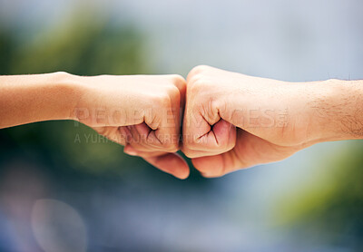 Buy stock photo Together, fist pump and people in outdoor protest for justice, human rights or democracy for support. Hands, closeup and united gesture for peace, change or power for community activism or revolution