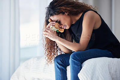 Buy stock photo Crying, depression and woman with teddy bear on bed for grief, miscarriage or mourning death of kid. Sad mother, tears and person in bedroom with pain, anxiety or trauma problem, stress or frustrated