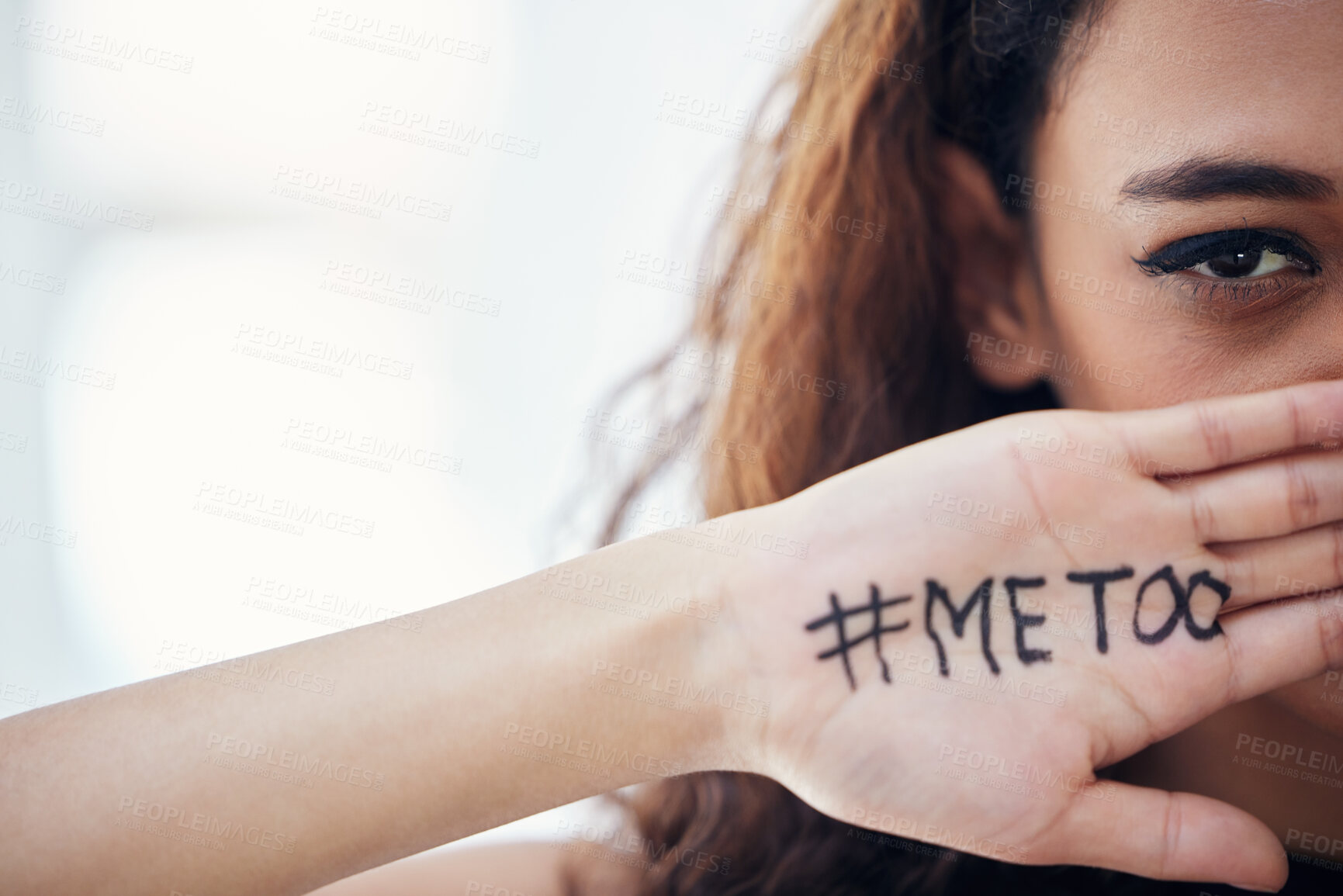 Buy stock photo Gender, violence and portrait of woman with voice, hashtag and fight for equality in human rights. Mockup, change and girl in social media protest for sexual harassment, me too revolution or justice