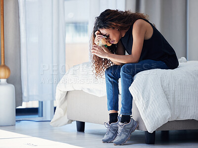 Buy stock photo Depression, crying and woman with teddy bear in bedroom for grief, miscarriage or mourning death of kid. Sad mother, tears and person on bed with pain, anxiety or trauma problem, stress or frustrated