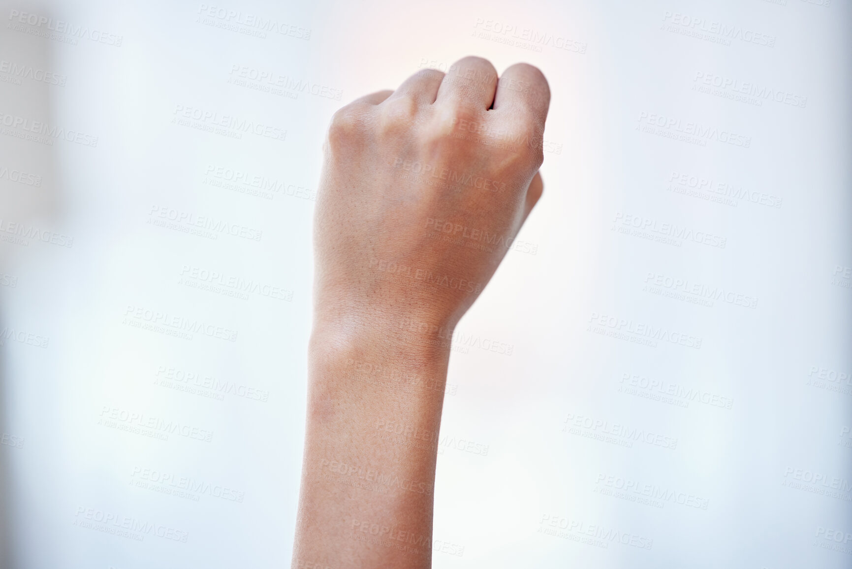 Buy stock photo Protest, equality and fist of person for human rights, body choice or freedom of abortion. Feminism, justice and activist with hand gesture for community support, political change or safe decision