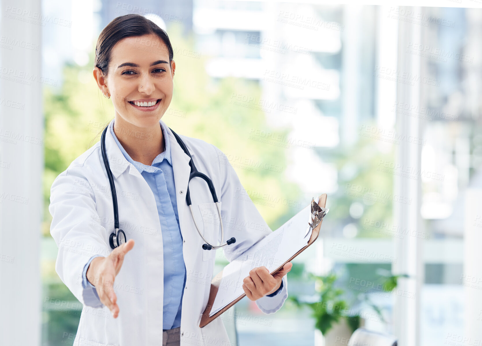 Buy stock photo Happy woman, portrait and doctor with handshake or clipboard for meeting, greeting or service at hospital. Female person or medical employee shaking hands with smile on healthcare agreement at clinic