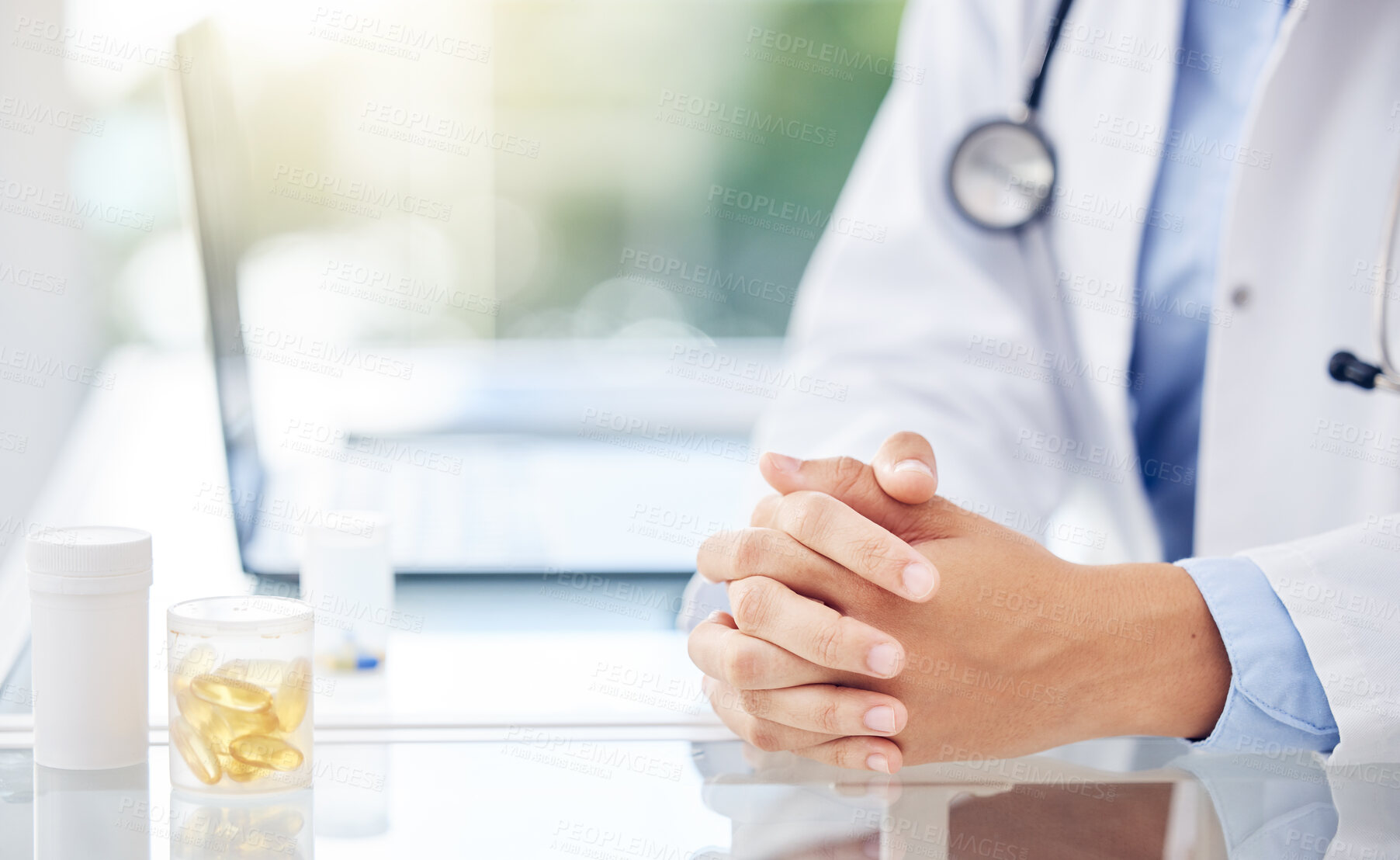 Buy stock photo Table, hands and doctor with pills for treatment, prescription and medicine for wellness in clinic. Healthcare, medical worker or pharmacist with container of tablets, capsule and vitamin supplements