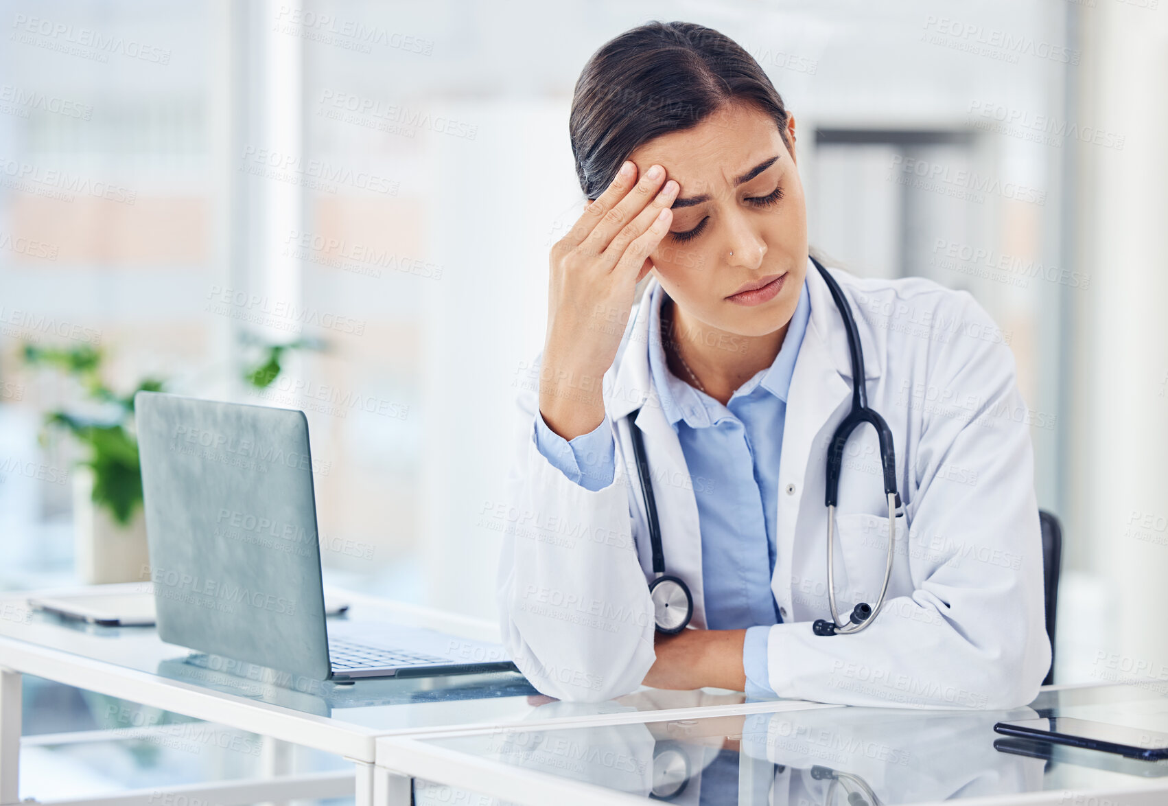 Buy stock photo Doctor, tired woman or headache with burnout or loss crisis in hospital office for medical test results. Migraine, mental breakdown and exhausted healthcare worker frustrated by stress or fatigue