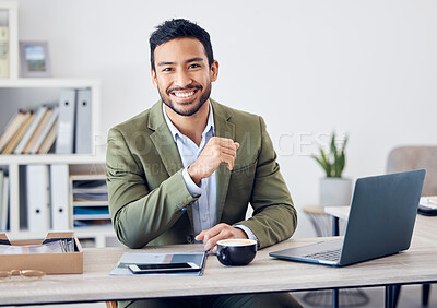 Buy stock photo Happy businessman, portrait and accountant with laptop for career, investment or online finance at office. Asian man, business professional or financial advisor with smile or computer for profit plan