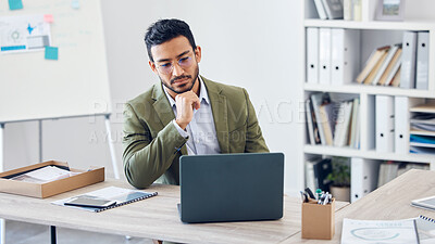 Buy stock photo Glasses, thinking and businessman with laptop in office for investment, research and reading finance news. Financial advisor, email and idea with tech for budget report, portfolio and client feedback