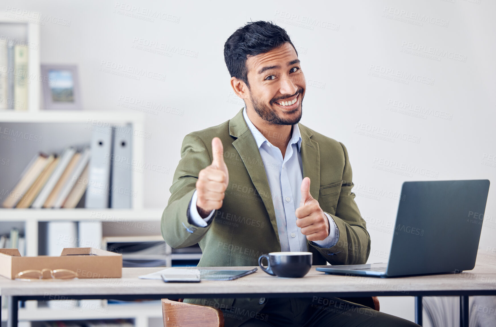 Buy stock photo Happy businessman, portrait and thumbs up with laptop for winning, success or good job at office. Asian man or employee with smile, like emoji or yes sign in well done, thank you or positive feedback