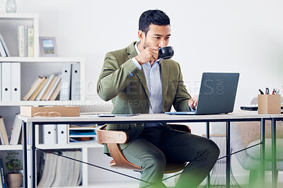 Buy stock photo Coffee, drink and man at laptop in office checking email, financial report or business schedule. Budget advisor, consultant or businessman with cup, computer and reading online project development