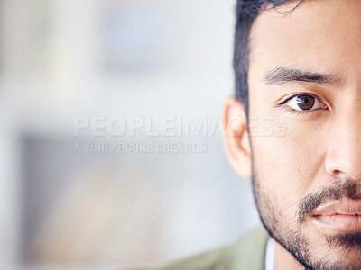 Buy stock photo Serious, mockup and portrait of businessman in office for corporate, finance and career information. Company, accountant and half face with closeup for professional agency, audit and branding space