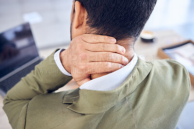 Buy stock photo Business, man and neck pain from injury at desk with muscle tension, bad posture and overworked at workplace. Person, employee back and hands for spine inflammation, burnout and discomfort in office